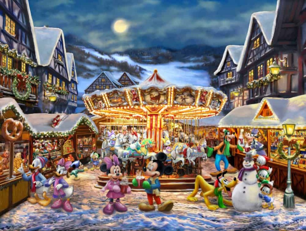 Painting of Mickie and Minnie Mouse at a Christmas gathering.