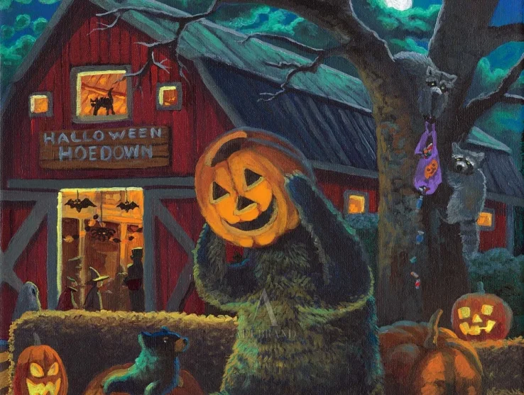 Halloween Mischief Painting of barns, bears, raccoons, and jack-o-lanterns by Zac Kinkade.