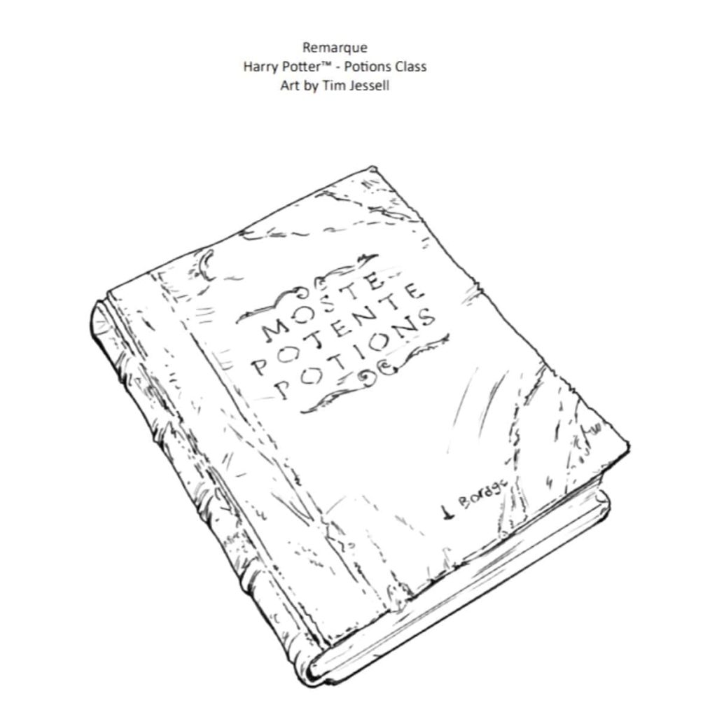 Black And White Hogwarts Potion Book Sketch For Limited Time Promotional Silkscreen Offer On New Harry Potter™ Potions Class Canvas Art Release.
