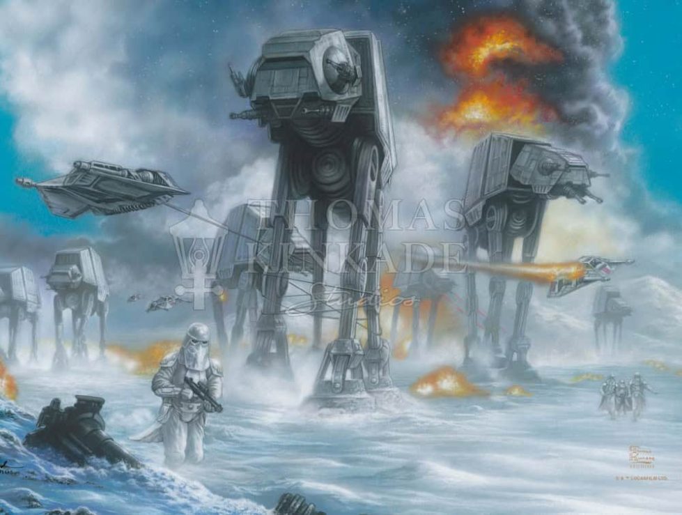 Last Holdout Painting &Ndash; Thomas Kinkade Gallery Of Murfreesboro Star Wars - Last Holdout Painting By Thomas Kinkade Studios. Snowy Battle Scene With At-Ats And Snowspeeders.