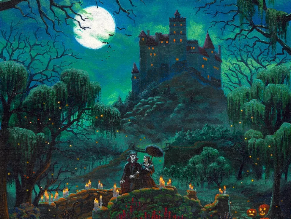 Midnight Stroll Painting &Ndash; Thomas Kinkade Gallery Of Murfreesboro A Midnight Stroll Halloween Painting With Dracula, A Full Moon, Jack-O-Lanterns, And A Castle By Zac Kinkade.