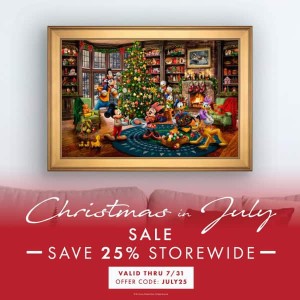 Chrstmas-themed painting by Thomas Kinkade Studios for Christmas in July sales promo.