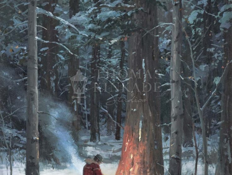 Warming Up Painting Of Camper In The Snowy Forest With Campfire.