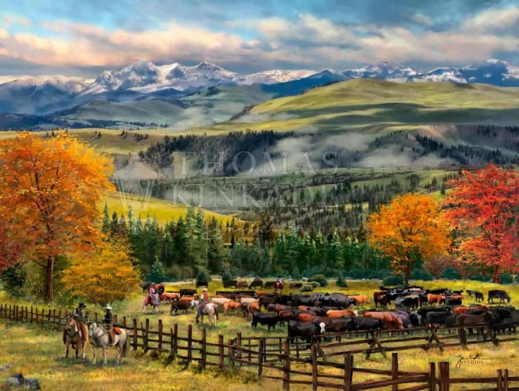 Thomas Kinkade Studios Yellowstone Sky Cowboy Painting