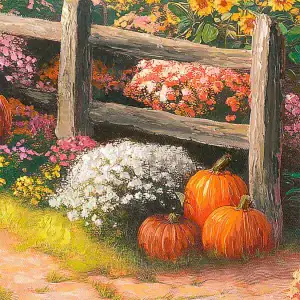 Featured Pumpkins closeup in Harvest Home autumn farm painting by Francisco Caballero from Art Brand Studios