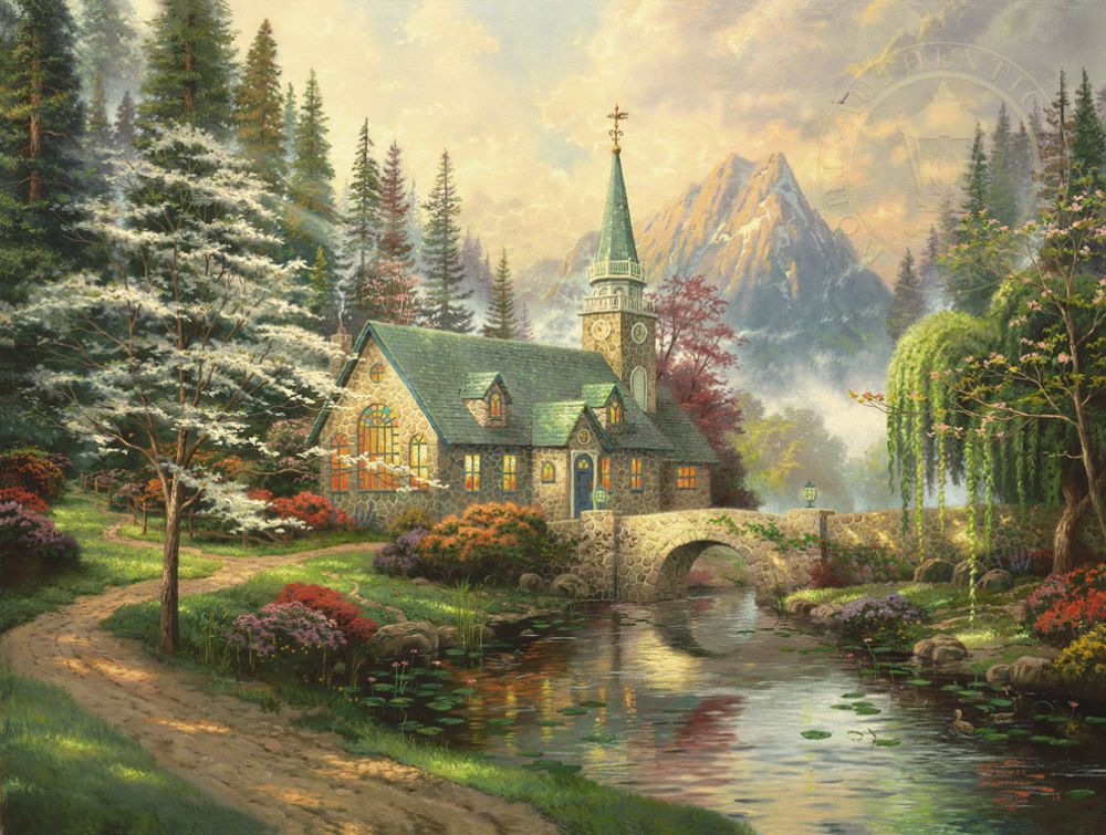 Church Paintings Weddings Baptisms Anniversaries &Ndash; Thomas Kinkade Gallery Of Murfreesboro Dogwood Chapel By Thomas Kinkade