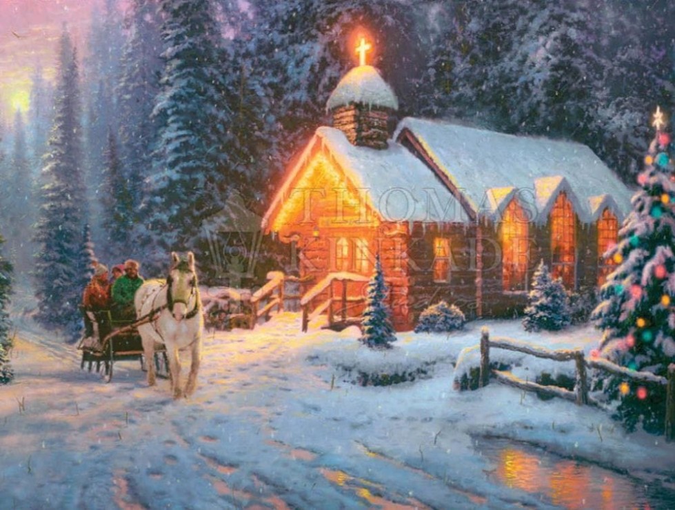 Snow-Covered Chapel Glowing With Warm Golden Light At Dusk, Surrounded By Pine Trees And Holiday Decorations. A Horse-Drawn Sleigh Carrying Bundled-Up Passengers Approaches The Church, While A Decorated Christmas Tree Sparkles In The Foreground, A Peaceful Scene Of Faith And Festivity.