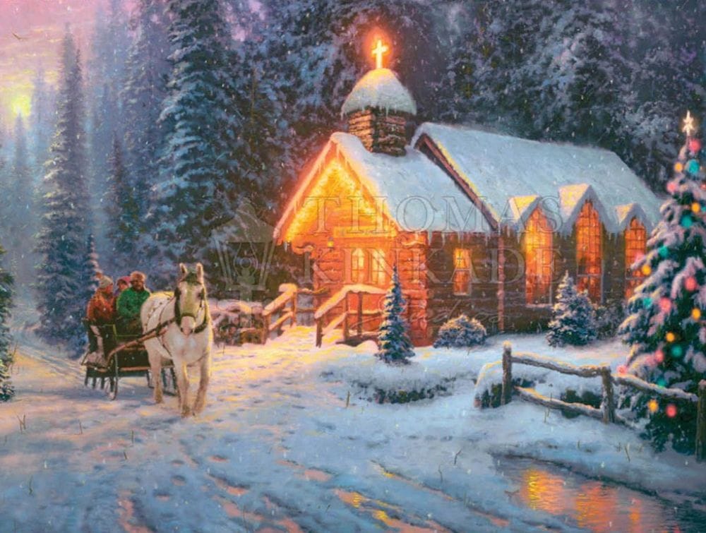 Decorating For Holidays Spiritual Wall Art &Ndash; Thomas Kinkade Gallery Of Murfreesboro Snow-Covered Chapel Glowing With Warm Golden Light At Dusk, Surrounded By Pine Trees And Holiday Decorations. A Horse-Drawn Sleigh Carrying Bundled-Up Passengers Approaches The Church, While A Decorated Christmas Tree Sparkles In The Foreground, A Peaceful Scene Of Faith And Festivity.