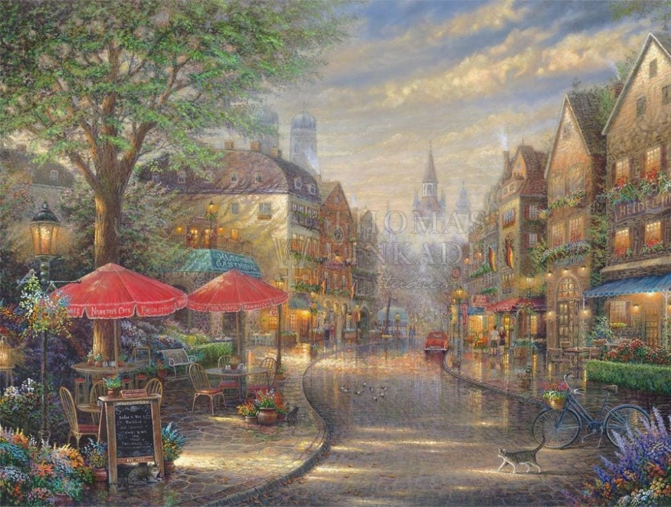 A summer morning looks dreamy in Munich with clouds, trees, and flowers around the city. Munich Café by Thomas Kinkade Studios.