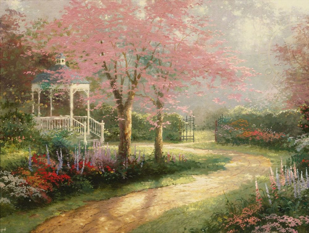 Gazebo Paintings Beauty Of Blooming Gardens &Ndash; Thomas Kinkade Gallery Of Murfreesboro Morning Dogwood By Thomas Kinkade Studios