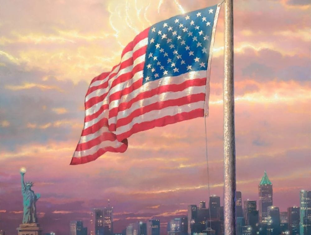 Red White Beautiful Americana Art &Ndash; Thomas Kinkade Gallery Of Murfreesboro An American Flag Flying In The Foreground Of The New York Skyline. The Light Of Freedom By Thomas Kinkade Studios