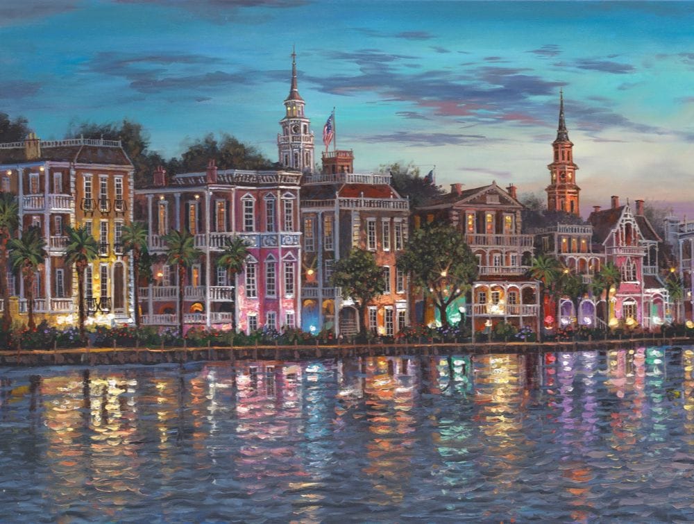 Robert Finale Paintings Bring Life Storybook Towns &Ndash; Thomas Kinkade Gallery Of Murfreesboro Colorful Waterfront Cityscape At Dusk Featuring Historic Buildings And Palm Trees Reflected In Calm Water. Warm Lights Illuminate The Charming Architecture, Creating A Romantic And Lively Evening Atmosphere Reminiscent Of A Storybook Town.